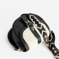 Sac besace TEXTO noir avec rabat tissu Sherpa