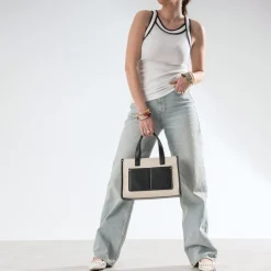 Sac cabas beige et noir bi-matière