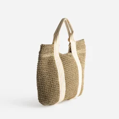 Sac cabas beige paille papier anses rayées