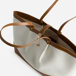 Sac cabas beige toile bi-matière cognac