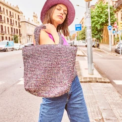 Sac cabas prune, marine, écru tressé