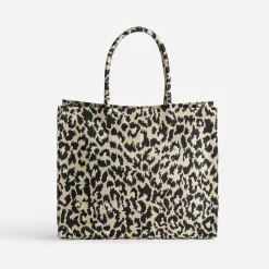 Sac cabas TEXTO beige à motif léopard