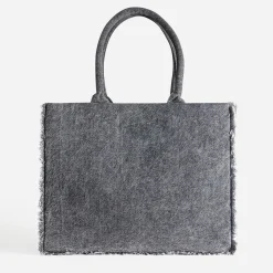 Sac cabas TEXTO gris effet denim frangé