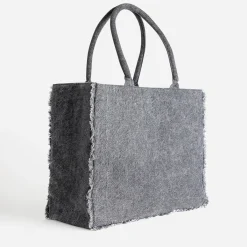 Sac cabas TEXTO gris effet denim frangé