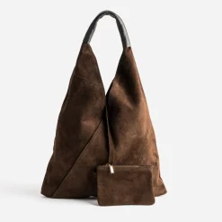 Sac hobo TEXTO marron cuir velours