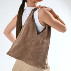 Sac hobo TEXTO taupe cuir velours