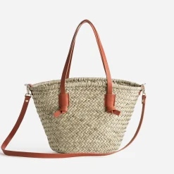 Sac panier beige en paille anses orange