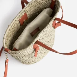 Sac panier beige en paille anses orange