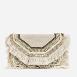 Sac pochette beige chiné en textile à broderies ethniques