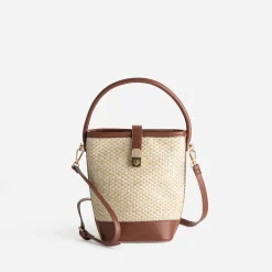 Sac seau beige paille papier et camel