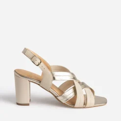 Sandale à talon beige en cuir