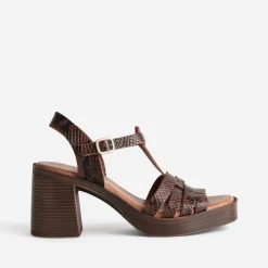 Sandale à talon marron cuir effet python