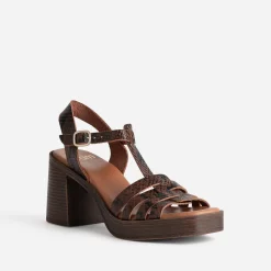 Sandale à talon marron cuir effet python