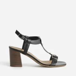 Sandale à talon noir cuir bride en T