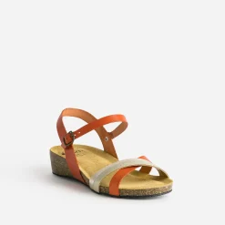Sandale anatomique orange et dorée en cuir