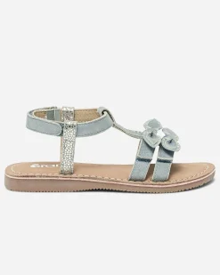 Sandale bleu et argent en cuir velours avec nœuds