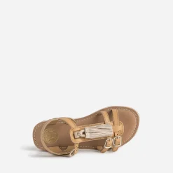 Sandale BUGGY camel en cuir avec pompons