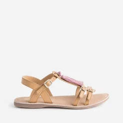 Sandale BUGGY camel en cuir avec pompons
