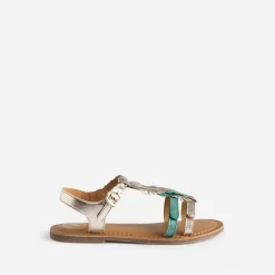 Sandale BUGGY cuir turquoise et dorée plumes