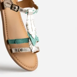 Sandale BUGGY cuir turquoise et dorée plumes