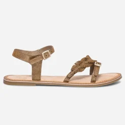 Sandale camel en cuir métallisé avec feuilles