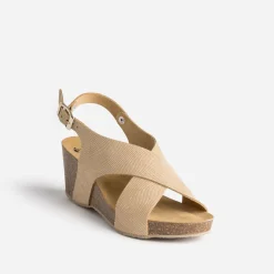 Sandale compensée anatomique beige doré en cuir embossé