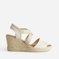 Sandale compensée beige dorée textile en cuir éco-conçu