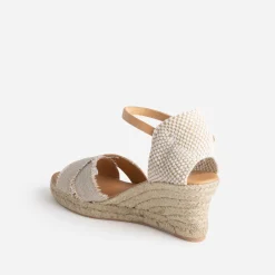 Sandale compensée beige pailleté doré en toile