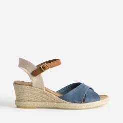 Sandale compensée bleu cuir velours éco-conçu
