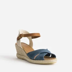 Sandale compensée bleu cuir velours éco-conçu