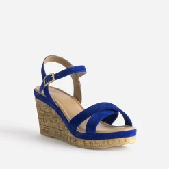 Sandale compensée bleu roi cuir velours