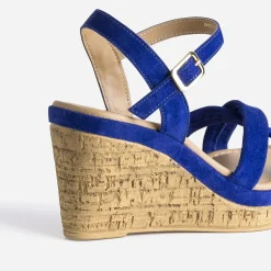 Sandale compensée bleu roi cuir velours
