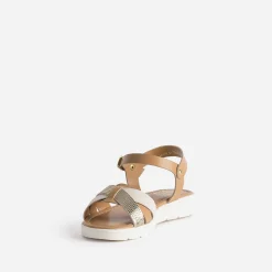 Sandale compensée BUGGY camel et dorée en cuir