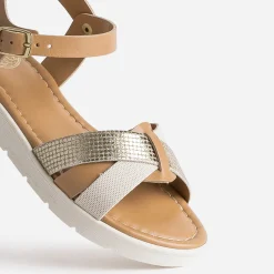 Sandale compensée BUGGY camel et dorée en cuir