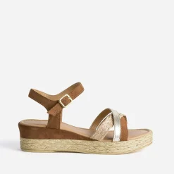 Sandale compensée camel en cuir velours