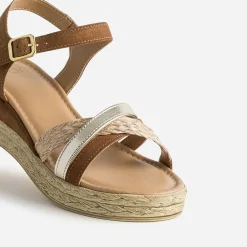 Sandale compensée camel en cuir velours