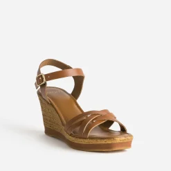 Sandale compensée camel en cuir