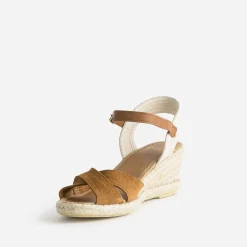 Sandale compensée camel en cuir velours éco-conçu