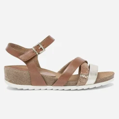 Sandale compensée CAPRICE cognac et doré en cuir