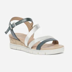 Sandale compensée CAPRICE bleu grisé et argent en cuir