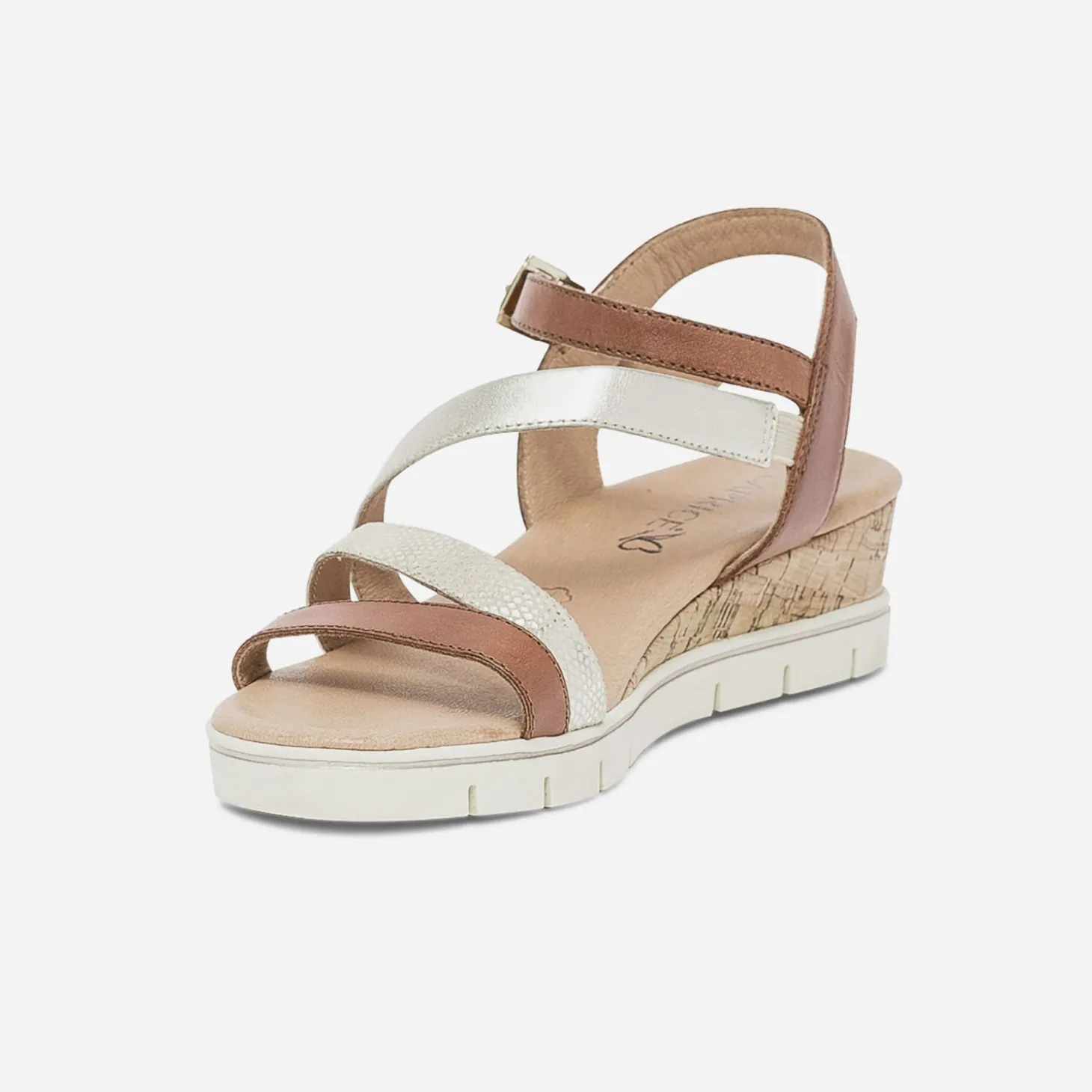 Sandale compensée CAPRICE cognac et or en cuir