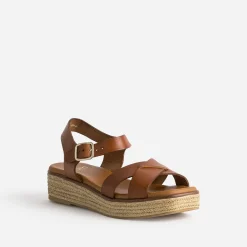 Sandale compensée cognac en cuir éco-conçu