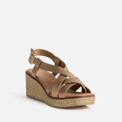 Sandale compensée marron cuir métallisé