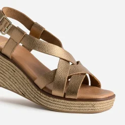 Sandale compensée marron cuir métallisé