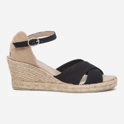 Sandale compensée noire en toile de coton et chanvre