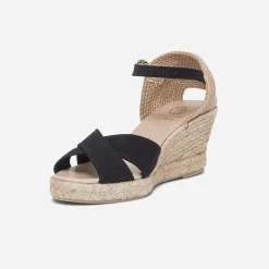 Sandale compensée noire en toile de coton et chanvre