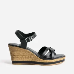 Sandale compensée noire en cuir