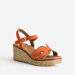 Sandale compensée orange cuir velours tressé doré
