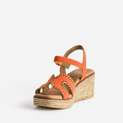 Sandale compensée orange cuir velours tressé doré