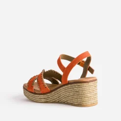 Sandale compensée orange cuir velours tressé doré